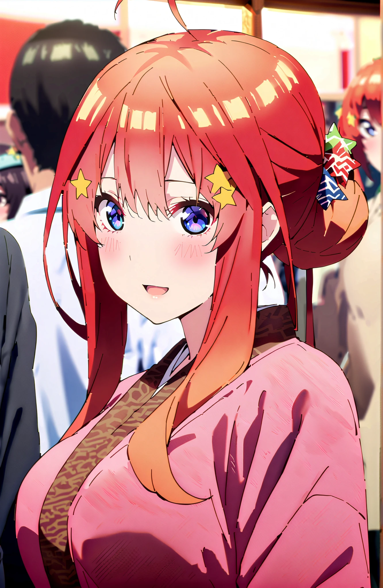 score_9, score_8_up, score_7_up, source_anime,Nakano Mizuki ,side lock, single bun hair,Nape,blue eyes, hair ornament, red hair, glass, star (symbol), semi-rimless eyewear, underrim eyewear, star hair ornament, Big Breasts,flower hair ornament with ears,Flower pattern kimono,smile,blush,open your mouth,has grilled squid skewers in her right hand,has a paper cup with yakitori skewers in her left hand,Light up fireworks,Japanese stalls ,Red Lanterns,crowd,standing,full bodyがイラストに入るように,in their 40s outdoors, Japanese Festival,
in their 40s looking at viewer,full body,
in their 40s (masterpiece:1.2),Highest Quality ,Kampala,unity 8k 壁紙,(shape:0.8),( fine, beautiful eyes :1.6),It's a person ,full body写真,CG Details , (perfect hand in h,Complete Anatomy),