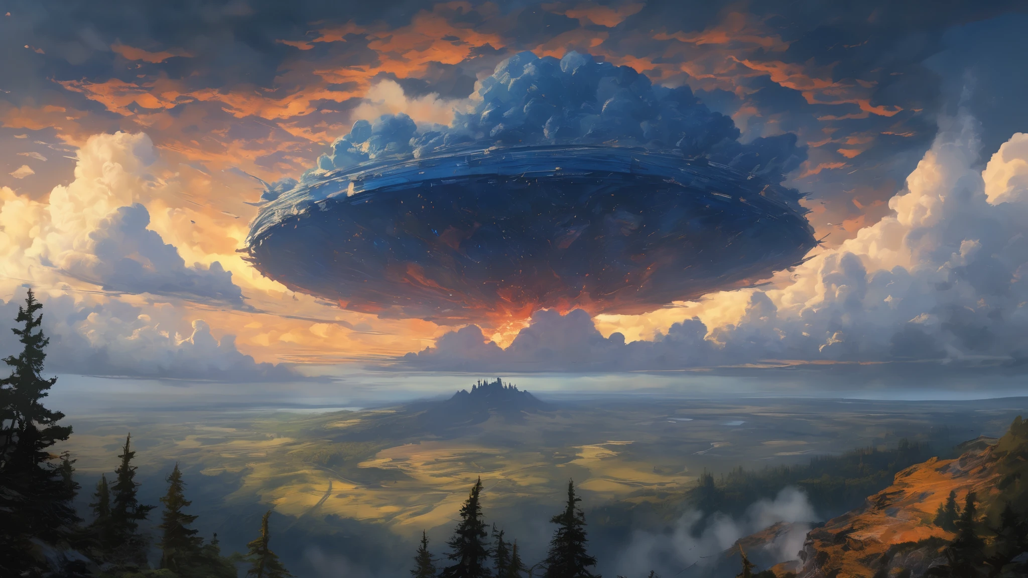  night . aerial view from a very high location. (meteorite crash site, giant round crater, dark fantasy and dark makeup々spreading out on the ground), beautiful night clouds in the sky, intricate natural cloud patterns floating in the sky,  deep blue hues , undulating clouds . the light shines through the clouds. dark halftone. in the background.

Streaks of light,  penetrating through clouds ,  very detailed油絵  , [Рендеринг Unreal 5], [   Bruce Pennington   ], [Studio Ghibli], [ Bruce Pennington   ], [Greg Latkowski],   デジタルart  , [ ,  On top of、 octane     :1.3],    blue comet in the night sky  ,  deservedly award-winning , (  masterpiece  :1.2), ( very detailed :1.2), ( high image quality:1.2), (  extremely detailed  :1.2), dark tones,   dark color palette  ,  The color is dull , Direct composition  , lots of air  .   art  , [  Line art and watercolor painting  ], [  background - dim forest  :1.2], [ from the crater {x} on all sides It fell to the side Use burnt wood {x} stencil tones to create texture and shade:1.3],  cedar growing on a high cliff in the distance  .