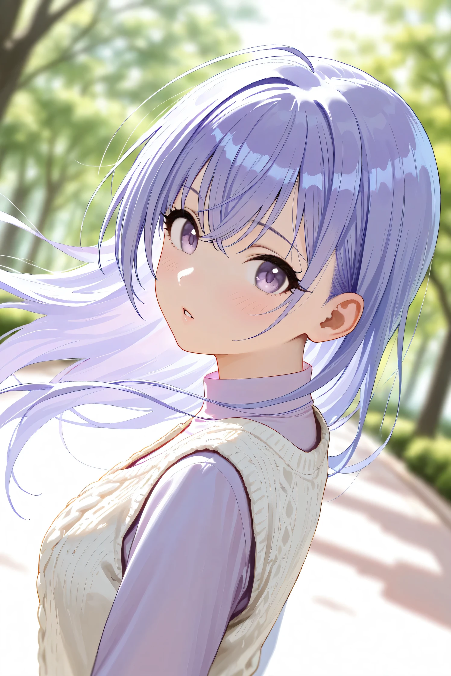 (Masterpiece), (Highest quality), (Very detailed),
(The best shape), (Best Shadow), (Absurd),
(Detailed background), (So beautiful), Shiny ,
Extraordinary, Countershading, 8k, 32K, High resolution, Beautiful eyes in every detail,
Very Detailed CG, UHD,
Score_9, Score_8_up, Score_7_up, Source_anime,
(Pastel painting:1.2), (Watercolor painting:1.2),
(Masterpiece, Detailed:1.2), (Foreshortening:1.2),
Cinematic, Dramatic, (Depth of field:1.4),
(Blurry background:1.4), (Realistic background:1.4),
(Foreshortening:1.3),Dynamic angle, 1 girl,
Outdoor, Nature, Park, Wind,
from side,
Suzuki Hana,
The idolmaster shiny colors,
hana suzuki, purple hair, purple eyes, long hair,
(Casual wear:1.3),
vest, white vest, Wool knit vest,
(High neck shirt:1.1), light purple shirt, long sleeves shirt,
portrait, Focus on face,
(Blush:1.3), parted lips,
Realistic skin, Shiny skin,