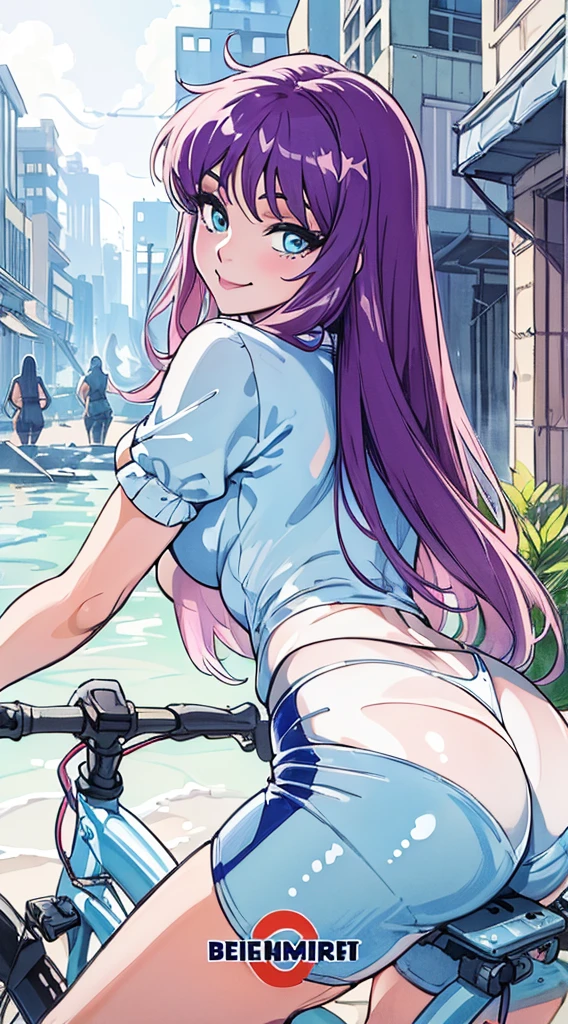 todoshizuko, purple hair, ponytail, hair ribbon, long hair, blue eyes, makeup, 15years old , large breasts, solo, nsfw, nipple,  ride a bicycle, topless