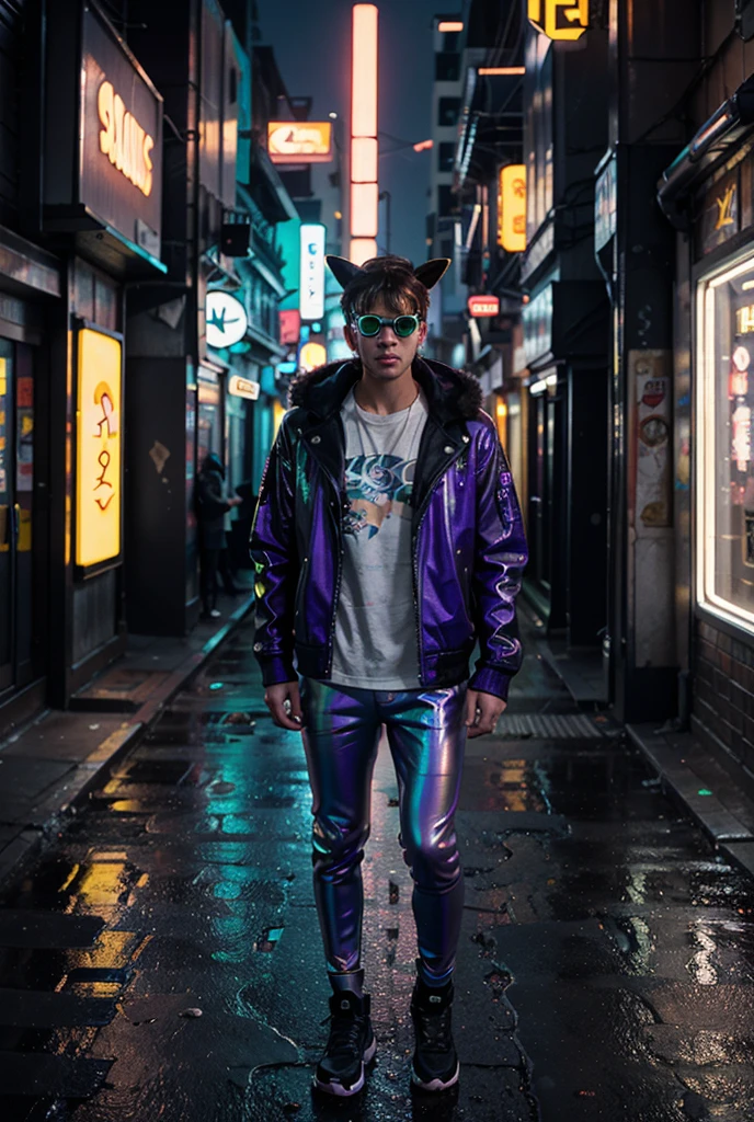 Latino Man, ethnically Latino, prostitute, street worker, Handsome, bob haircut, lanky and fit build, fishnet shirt, bright purple pants, open bright turquoise coat, cyberpunk, cyberpunk background, highlights dyed in hair