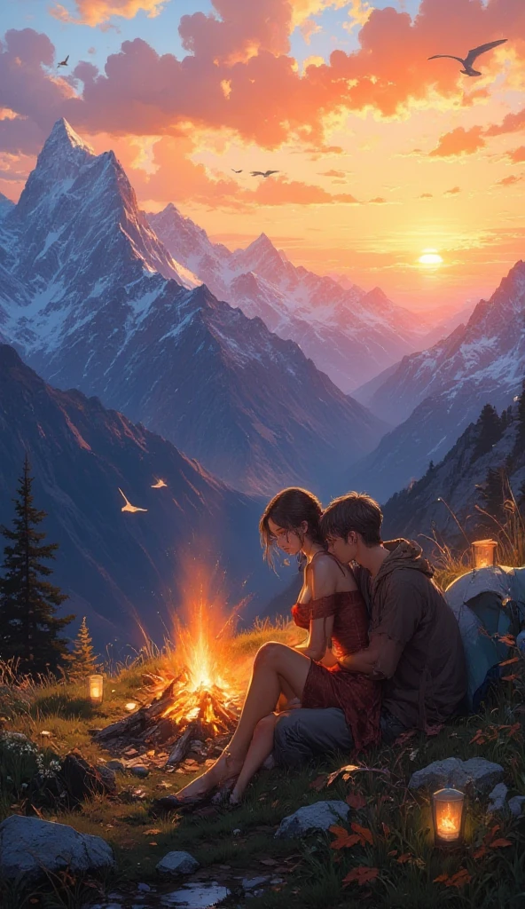 A couple is romancing across the camp on the mountain. The women are without clothes and have big hips. It is night and a fire is burning.