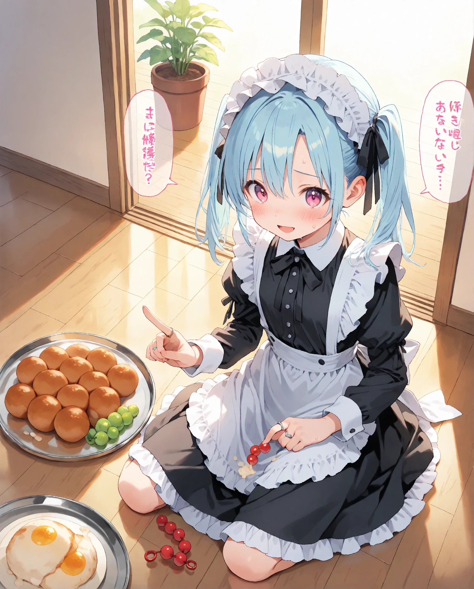 maid outfit, shown by sweat beads and speech bubble thrown around reflective tray, frilly black and white, maid cap wearing, kneeling on a wooden floor, food spilled around, nearby, fun and slightly chaotic atmosphere, warm lighting, long light blue hair with loose wires,  ring on finger, indoor environment with wooden floor and plants {x} priz expression.