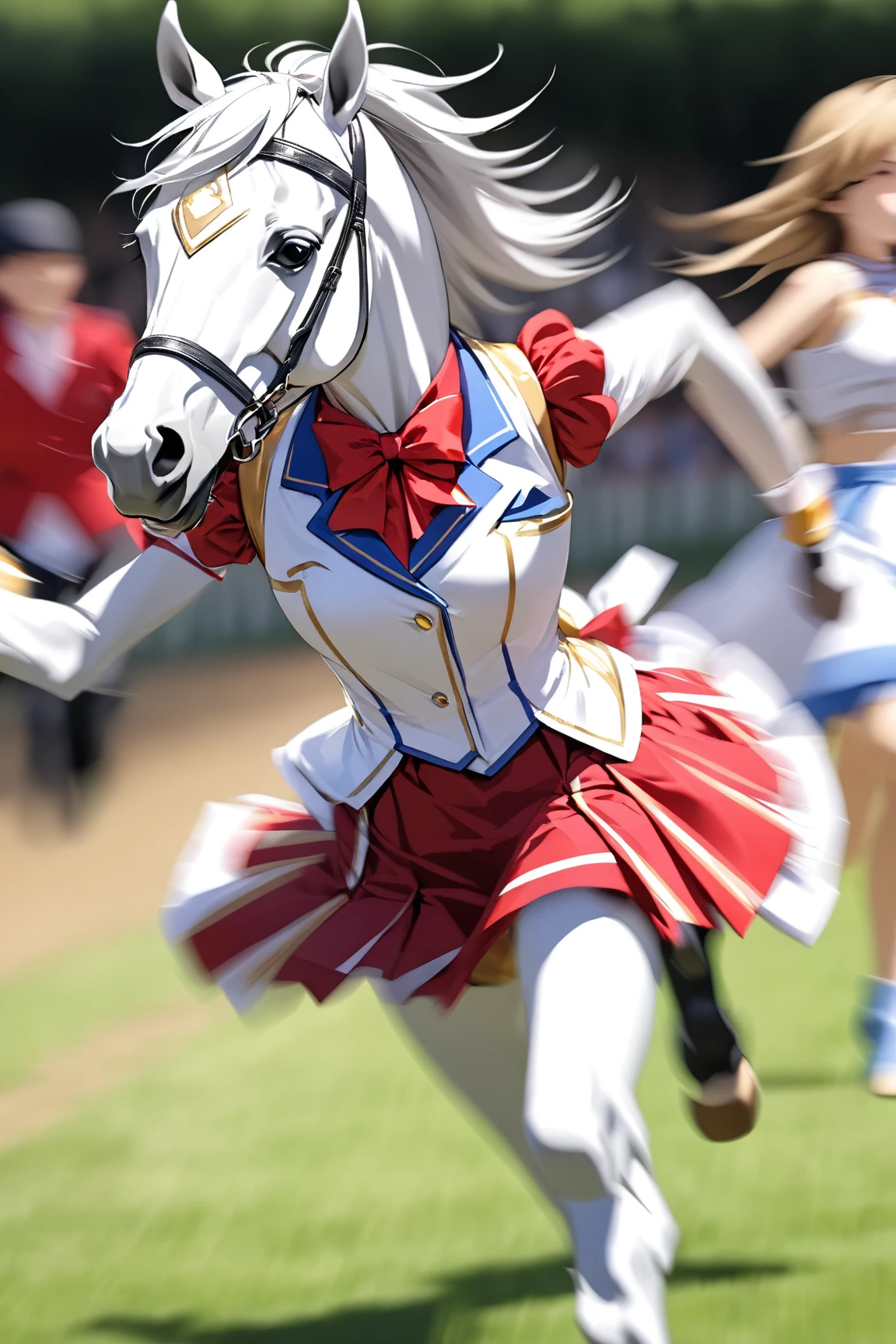 anthropomorphic horse、A horse with only a face:2.5、A horse's head on a human torso、Run a short distance on the paddock in idol clothes((motion blur:1.2、blurred background))