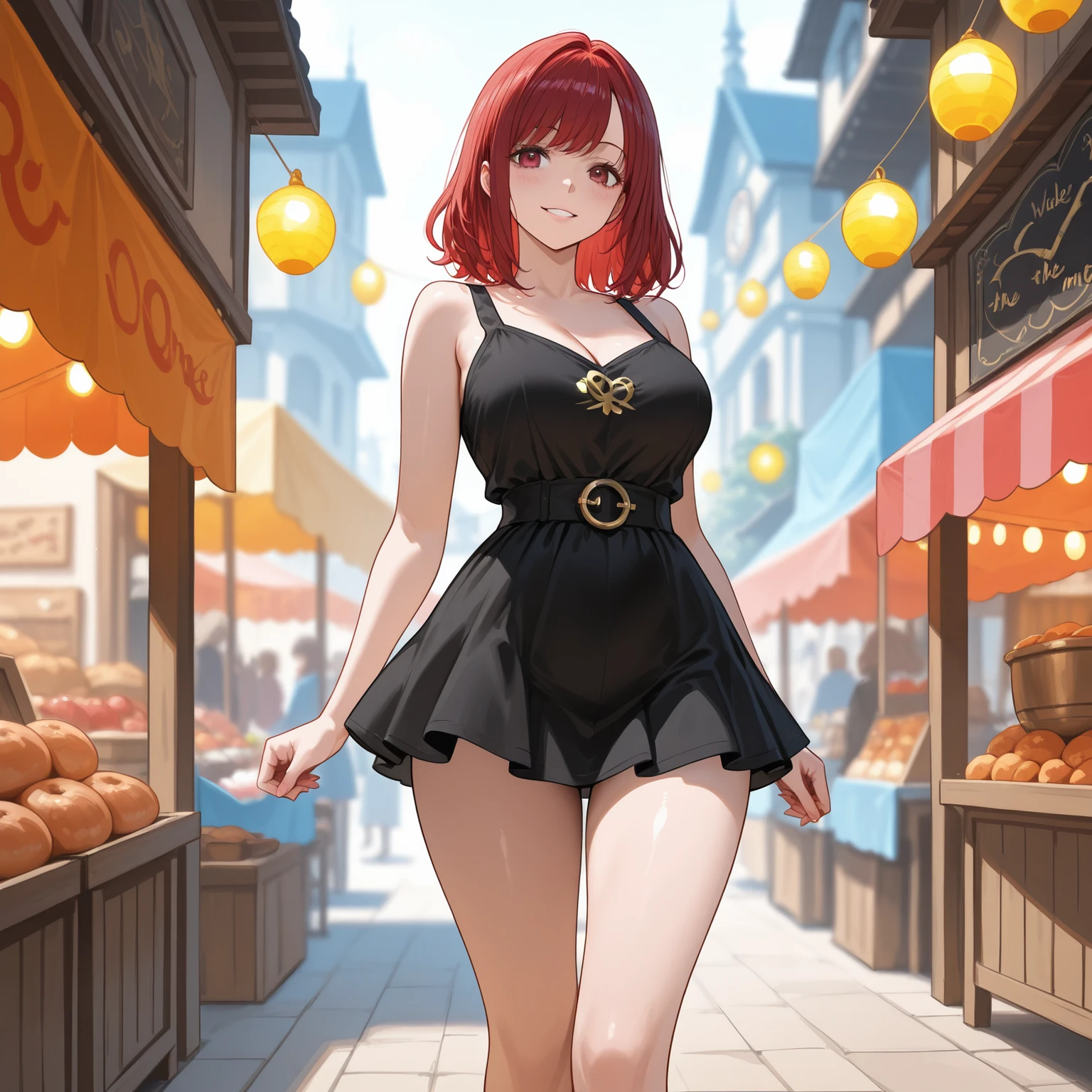 gine, 1 girl, sunlight, solo, closed, blue sky, black hair, black eyes, city, bare shoulders, medium breast, collarbone, cowboy shot, short hair, looking at viewer, smile, looking at viewer, spiked hair, strapless black tube dress, necklace, pier, docks, left hand on hips, standing up, black high heels, full body