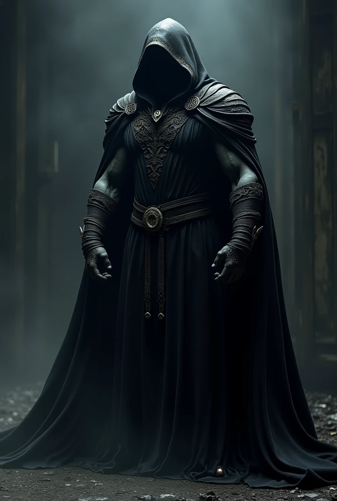 It is a figure shrouded in darkness. His imposing stature and muscular physique make him appear almost indestructible, A warrior sculpted by shadow itself.