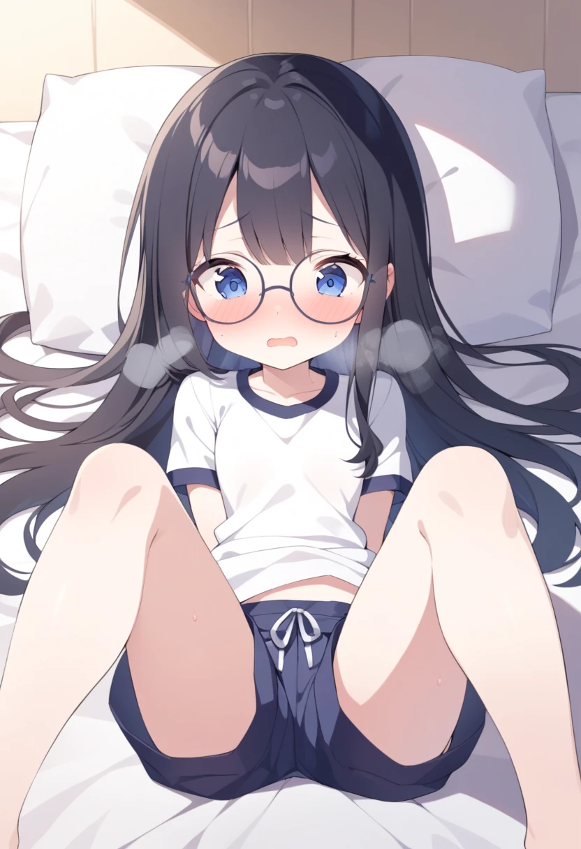 ((orgasm、blush:1.7)、Convulsions、Watery eye、Gym suit、(Navy shorts、Gym suitショートパンツ:1.3)、Big red round glasses、(Pee、Peeing:1.5)、masturbation、Overflowing love juice)