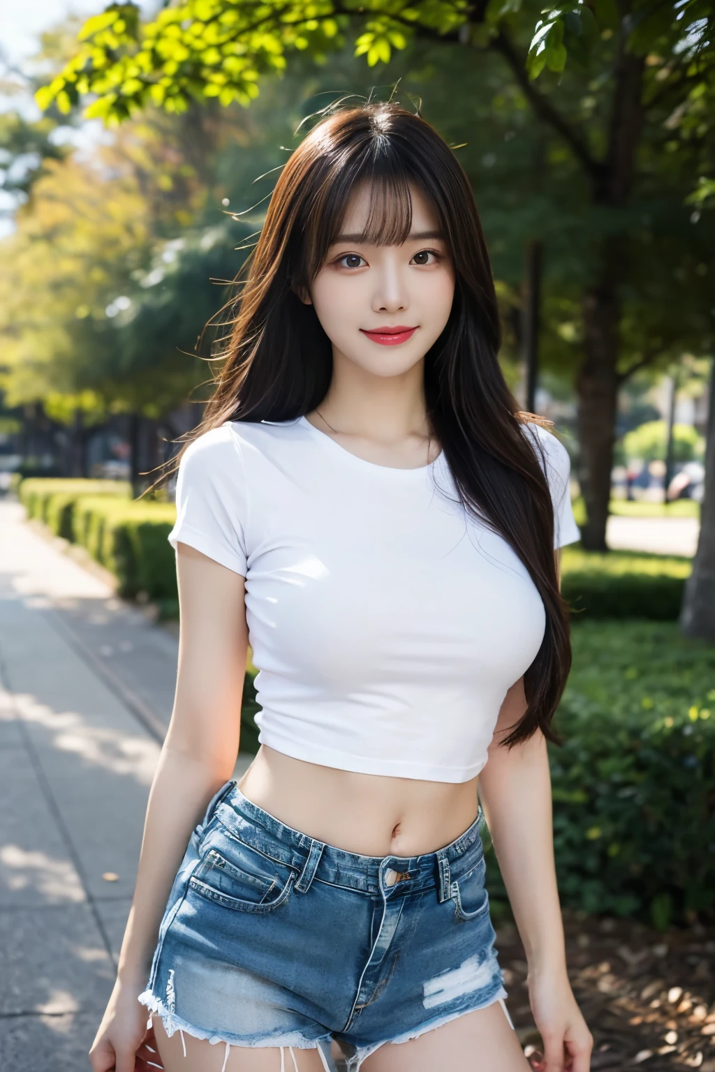 (Masterpiece, best quality, ultra detailed, 8k,RAW Photo), A young Asian woman, brown long hair, wearing an open-style t-shirt and denim shorts, playfully lifting the bottom of her shirt to reveal her belly. She has a cute, cheerful expression. The background is a vibrant park with greenery, flowers, and a sunny atmosphere. The style is detailed, colorful, and slightly anime-inspired, ((thin face, perfect face, perfect eyes, slim body))