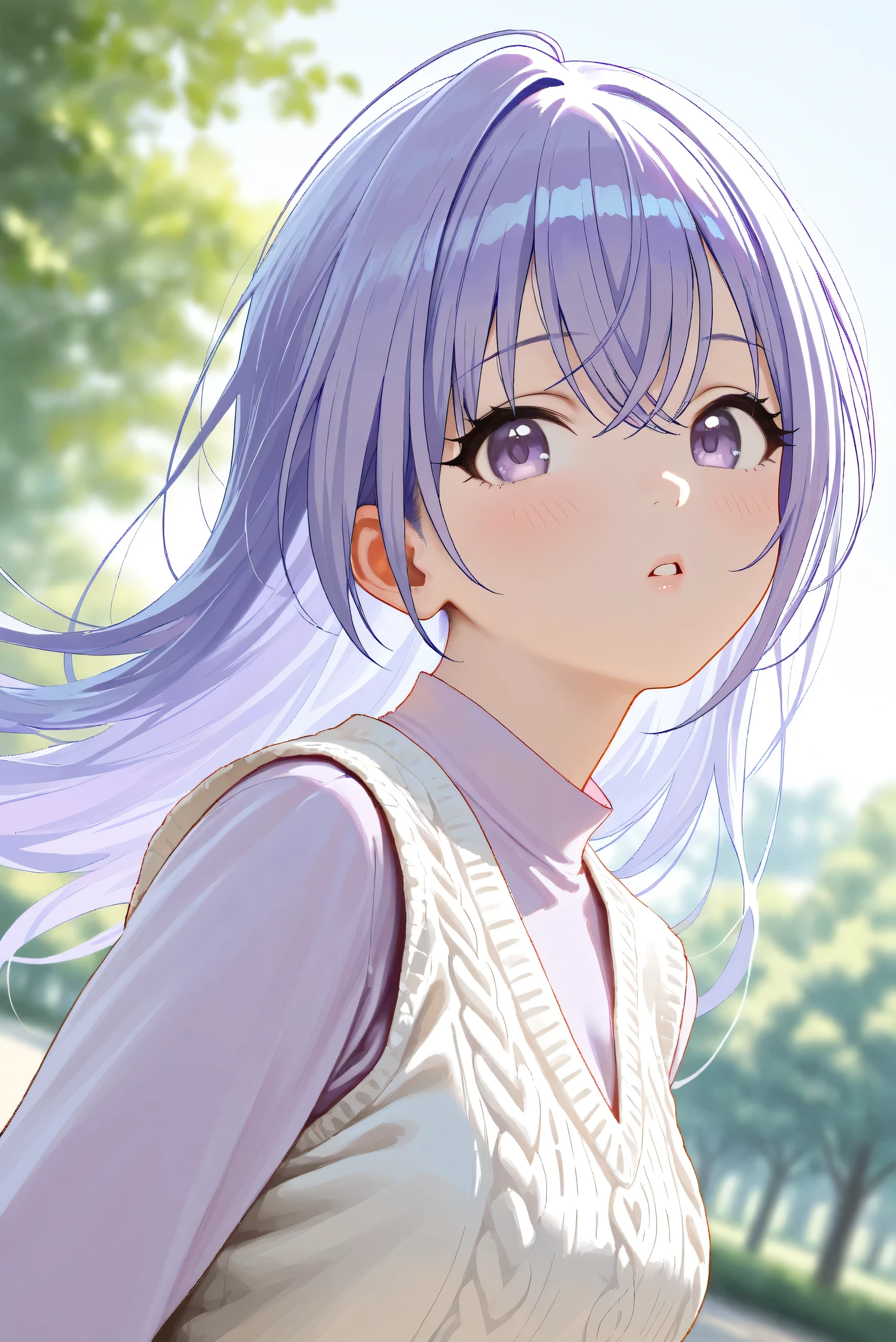 (Masterpiece), (Highest quality), (Very detailed), 
(The best shape), (Best Shadow), (Absurd), 
(Detailed background), (So beautiful), Shiny , 
Extraordinary, Countershading, 8k, 32K, High resolution, Beautiful eyes in every detail,
Very Detailed CG, UHD,

Score_9, Score_8_up, Score_7_up, Source_anime, 
(Pastel painting:1.2), (Watercolor painting:1.2),
(Masterpiece, Detailed:1.2), (Foreshortening:1.2),

Cinematic, Dramatic, (Depth of field:1.4),
(Blurry background:1.4), (Realistic background:1.4),
(Foreshortening:1.3),Dynamic angle, 1 girl,
Outdoor, Nature, Park, Wind,

Suzuki Hana,
The idolmaster shiny colors,
hana suzuki, purple hair, purple eyes, long hair,

(Casual wear:1.3),
vest, white vest, Wool knit vest,
(High neck shirt:1.1), light purple shirt, long sleeves shirt,

portrait, Focus on face, close up,
(Blush:1.3), parted lips,
Realistic skin, Shiny skin,