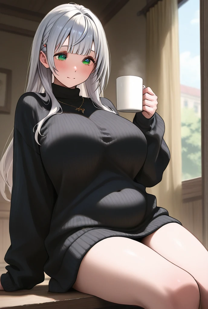 (masterpiece, best quality:1.4), (modern days), (cowboy shot), 1girl, solo, pov, sfw, stunning girlfriend, (standing:1.1), dynamic pose, (white oversized sweater, knit sweater:1.4), (Tight Yoga Pants,dark grey yoga pants:1.4),(Navy blue short jacket,jean jacket:1.4),long Brond Hair,By bangs,heart - shaped face,Elegant face,beauitful face,High detail face,Highly detailed skin,skin pore,sub surface scattering,(Blue eye details),realistic pupil,crisp breasts,A loving smile,looking at viewert,full blush,'s plump lips,holding a single coffee cup,at centre,coffee shop in background,the city street,Sunnyday, ventania, detailed back ground, depth of fields, atmosphric perspective, Volumetriclighting, Clear focus, absurd res, Realistic proportions, Good anatomy, (realisticlying, Hyper-realistic:1.4), 16k hdr,A sagging breast,Breast-huge
