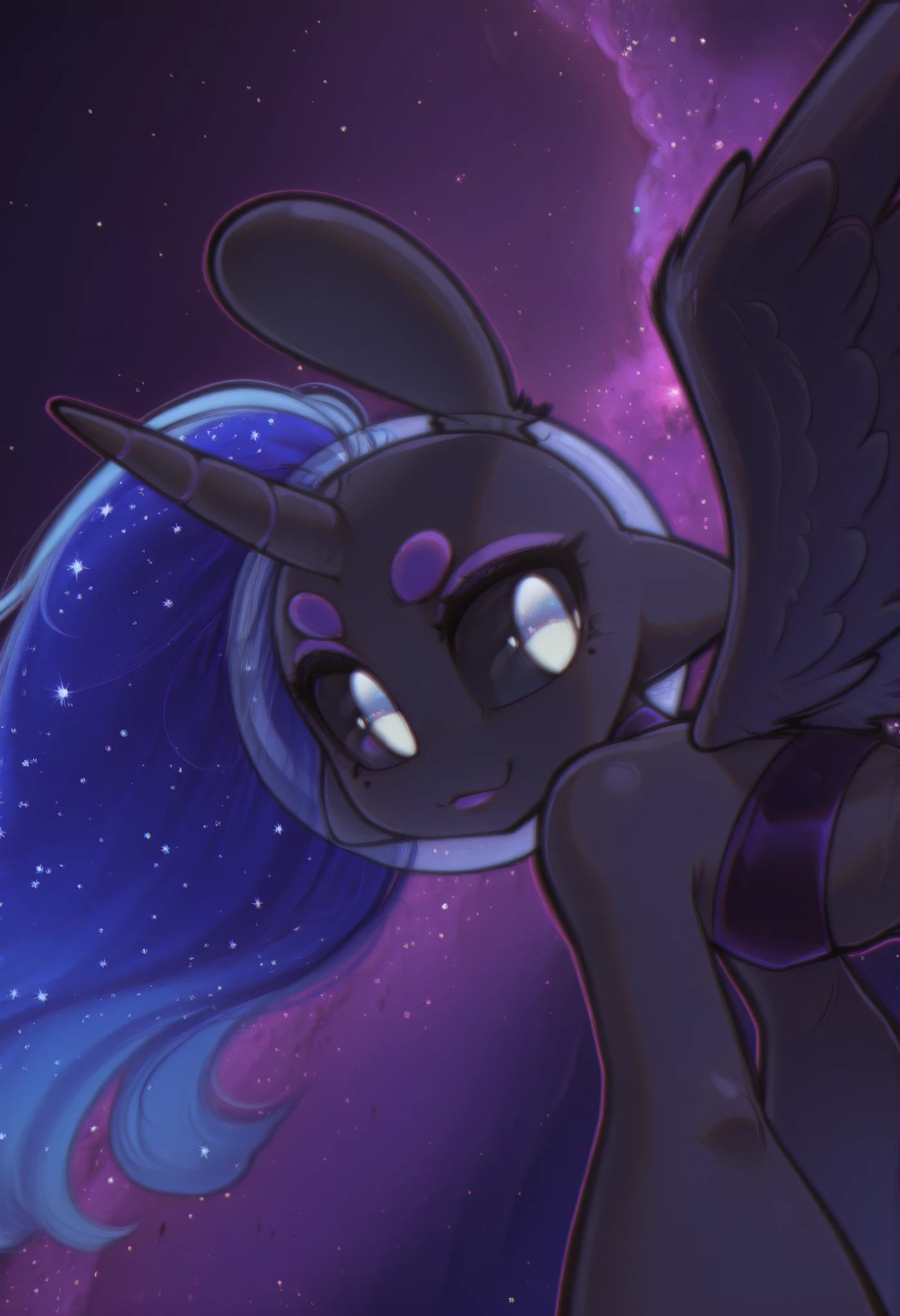 Dynamic angle, sploot,1girl,colored_sclera,white eyes,alien,antennae, space, nebula, Black Skin,,Purple Eyebrows,Dark Purple Eyeshadow,Light sapphire blue Starry Hair With Light pale Pink Outline,Unicorn horn,Pegasus Wings, Light Blue Eyes