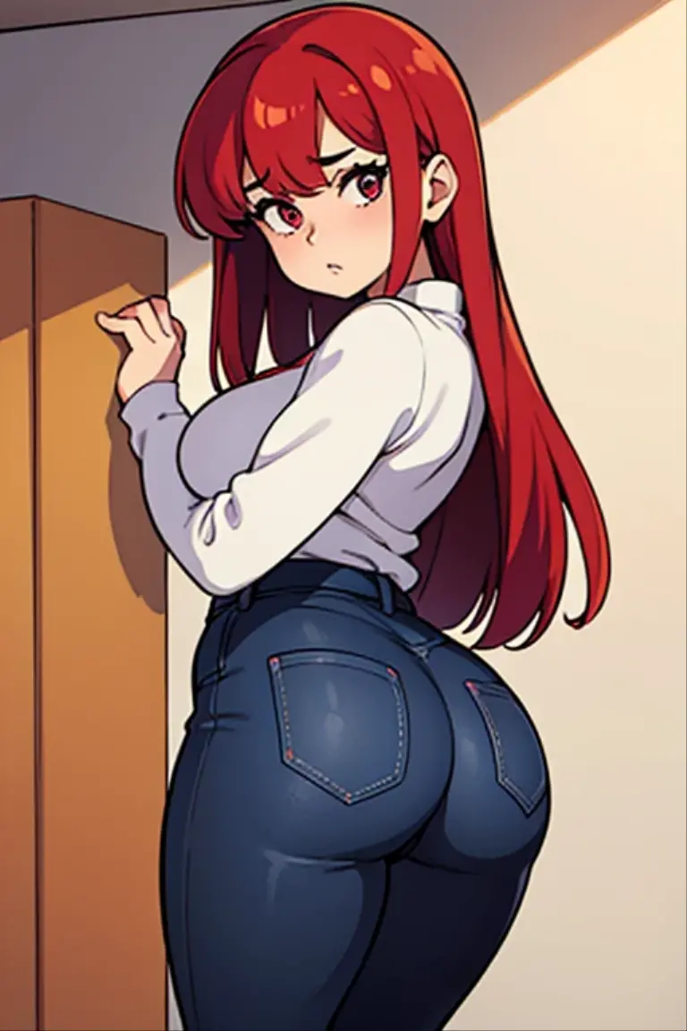 1girl, la brava, twin tails, red hair,red eyes, sweater, thick thighs, ((bottomless)), no panties, full body, squatting, lipstick,