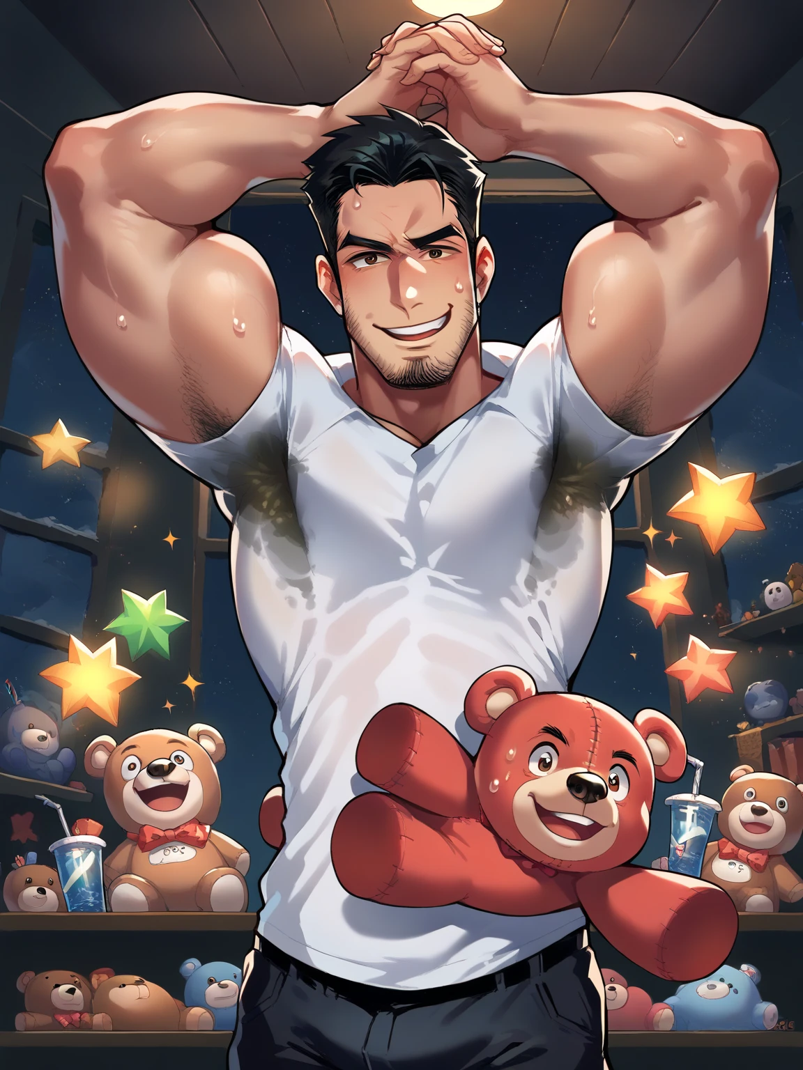 ((masterpiece)), ((best quality:1.2)), High Resolution, 8k, (ultra_realistic:1.3), (photorealistic:1.4), sharp focus, 1boy, extra wide-range, (wearing pure white bikini:1.2), (wearing white sport armband), (bare foot:1.2), (topless :1.2), male focus, (manly), (lying on the side and hugging a big stuffed bear in a heap of huge stuffed animals toys:1.4), in bedroom, (messy short black hair), male athlete, closed mouth, closed eyes, (shiny white skin), (perfect handsome cute face), broad shoulders, (detailed muscular biceps and triceps:1.2), large pectorals, muscular thighs and long toned legs, toned abdomen, (narrow waist), hip bones, towel, (huge stuffed_elephant:1.2), (a heap of big colorful stuffed animals toys and balloon surrounded:1.3), (a heap of gift boxes:1.3), on bed, after birthday party in morning, full body, from above, detailed background, cinematic, crystal clear, (global illumination), (subsurface scattering), (area light, soft light)
