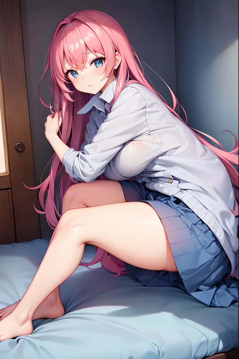 Anime Original Animation、top-quality、超A high resolution、NSFW、Japanese high school girl、18year old、Girl in uniform sitting on bed、low angle shot:1.5、M-shaped legs:1.4、She opened her legs wide:1.5、Sitting with your knees bent and your legs spread、Show panties:1.5、sexy look at the camera、blondehair、Pink Silk Panties、Close-up in panties:1.4、Light blue shirt、Dark blue tartan plaid pleated skirt、Dark blue socks、Detailed cute and beautiful face、pureerosface_v1:0.008、Brown-eyed、eye liner、red blush、embarrassed from、glares、 shiny lips: 1.4, impatience、Frightened、glares、Panty appeal、Close-up in panties:1.3、red blush、is crying、Crying、Open knees、open one's legs、Disheveled clothes、Dressing、Medium Long Hair,In the bedroom、Anatomically accurate human body、perfect arms、perfect hand、Perfect fingers、perfect leg、accurate human body