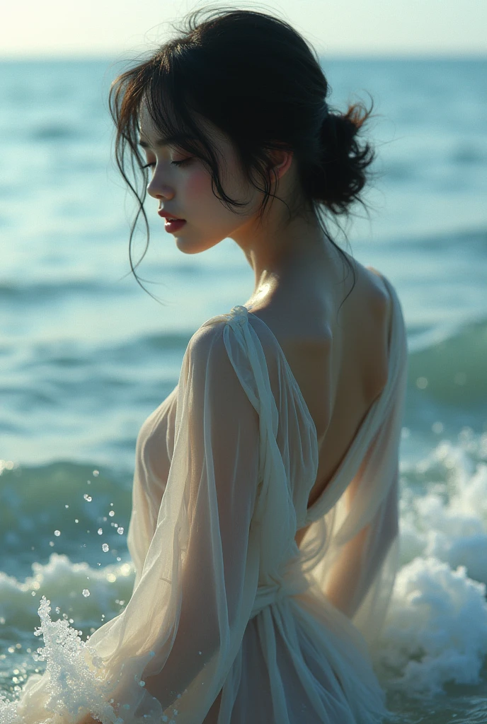 A small-breasted Japanese woman poses sexy in the blue sea up to her waist with her hands behind her back Light brown pixie hair Wearing only a white translucent shirt on bare skin、The front of the shirt is fluttering。