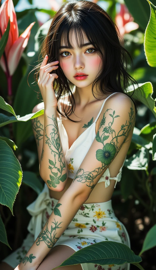 "Fine art photograph of a blonde curvy girl (very busty, tattooed girl, bright-blue eyes(open eyes), and very pale skin, bold pinklips.

((Outside in a tea-party time, amidst a lush-garden. The composition is inspired by the lush, romantic paintings of 19th-century artists, capturing the beauty of nature and the elegance of the female form)). The natural-light filters-through the foliage(casting soft-shadows on her delicate features)that highlights her voluptuous figure. Her face-expression is gorgeous and playful.

She is wearing a see-through, pink-lingerie-set(with small heart-patterns, gold lacings), and matching pink high-heeled shoes. ((Her body has prominent tattoos, her thighs and arms are completely covering with tattoos)). Posing in elegant form(with one hand delicately taking the tea while the other rests on her hip)-adding a sense of movement and life to the scene. 


Desaturated-colors, and a slight vignette, enhancing the fine-art aesthetic. 

The image features a faded film quality, grainy textures, and highly detailed elements that draw attention, ((at a vintage-tea table, she is surrounded by lush plants(lush plants on second plane, that frame the picture), bokeh effect on a natural-vibrant backdrop))."
