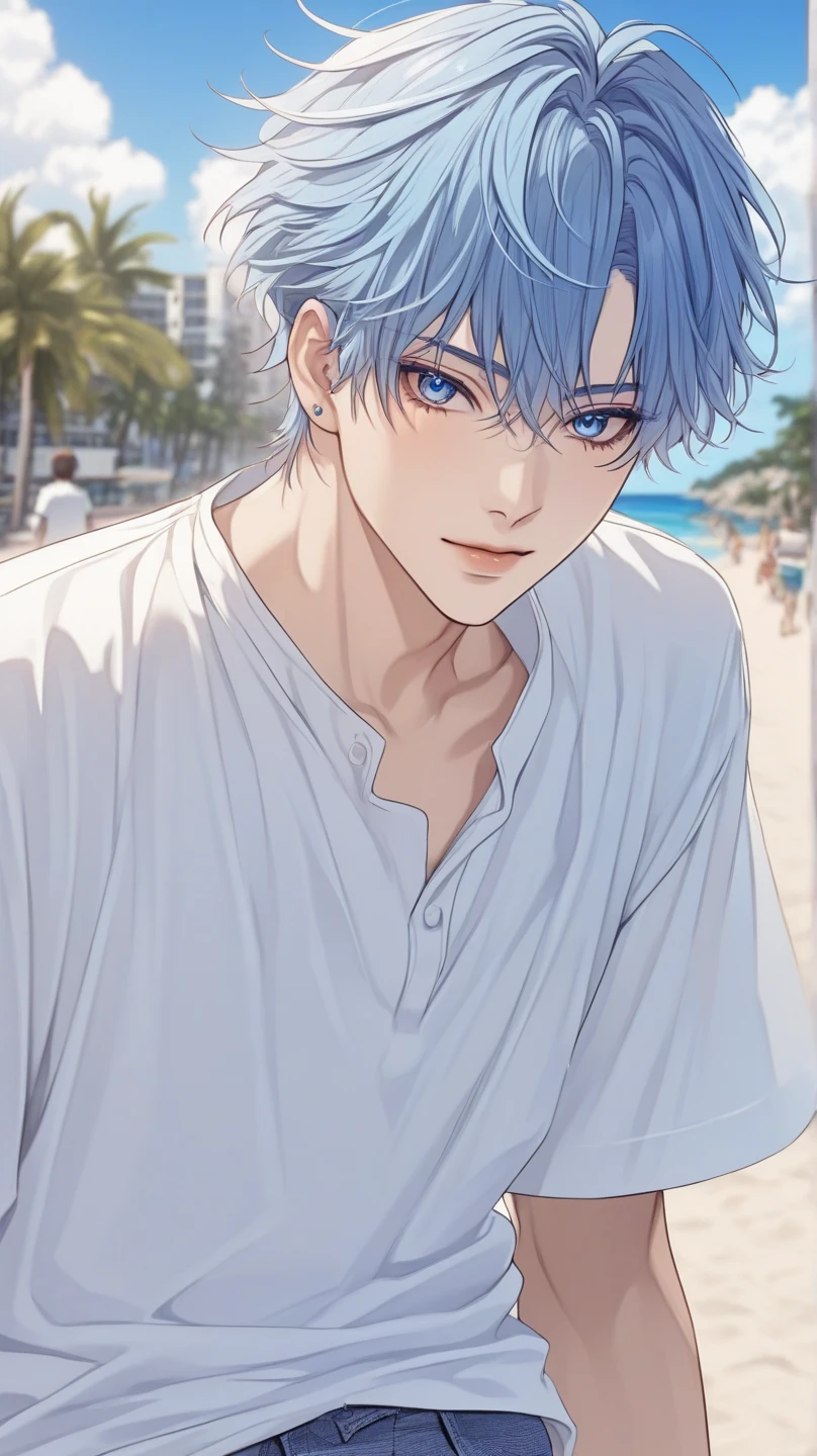 Best quality, masterpiece, expressionless, super high resolution, detailed background, realistic, 1 person, male, muscular, young male, short hair, seaside, water, real shadows and light, depth of field, open shirt, abs
