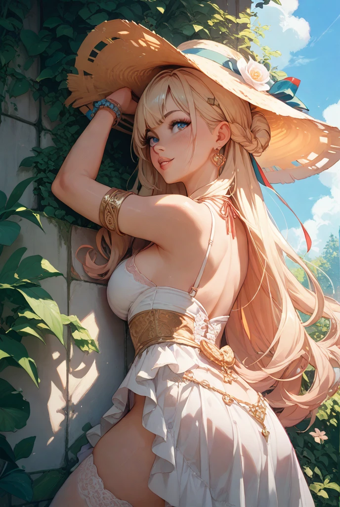 masterpiece:1.6, best quality:1.4, real picture:1.2, intricate details:1.2, 1lady, solo,
Appearance: milf:1.25, slender:1.2, green eyes, small breast, flat chest, sharp eyes,
Clothing: (simple green maxi slip-on dress:1.2), wide-brimmed hat, strappy sandals,
Accessories: golden ring, simple hoop earrings, shell necklace, oversized sunglasses,
Hair: long blonde hair, messy hair, hair bow, hair ornament,
Makeup: masacra, natural, glowing skin,
Location: outdoors, nature,
Behavior: ass, from behind, back, ButtLift, pose, ass support, grabbing own ass, <lora:assSupport_v4Final:0.7>