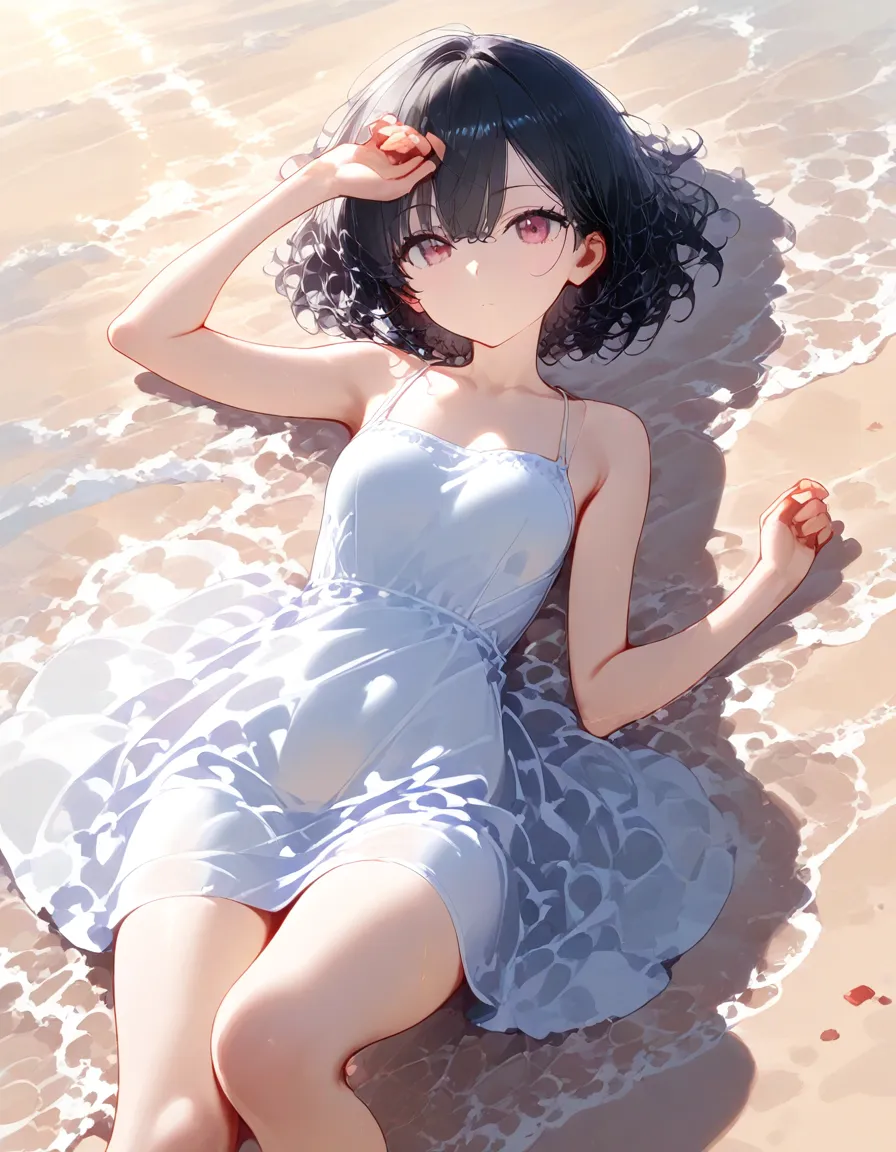 Beautiful and charming woman in fashion trend, full body: 1.6, holding flowers, random hairstyle, sitting under a parasol, by the sea, tight slip dress random color, wind blowing hair, blue sky and white clouds, delicate sexy collarbone, covering chest, charming goose egg face, double eyelids, smart peach blossom eyes, pink lips, small upturned nose, bare shoulders, focused face, face close-up, ultra-high definition, super detail, ultra-thin translucency, fresh and good, see-through, pink