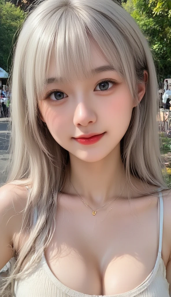Selfie｟bionde｠（cute smile 1.6）looking at the camera、4K,Highest quality、Masterpiece、Close-up shot、cute、With bangs、Loose and fluffy hair、Highly detailed face and skin texture、Off-the-shoulder cropped T-shirt、mini skirt、Cafe Terrace、Drink Starbucks coffee