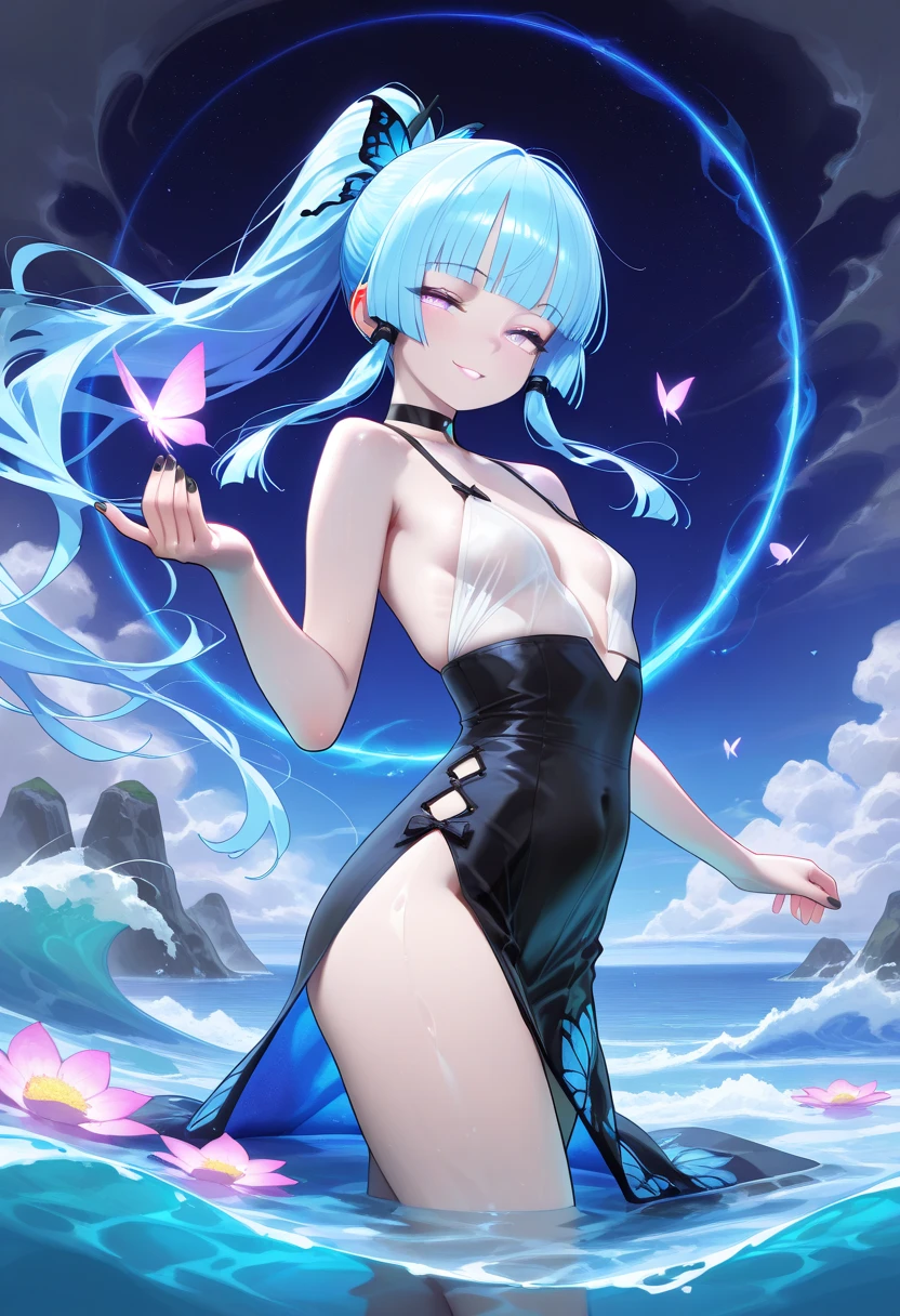 {{Moist feather(hololive)}}, 1girl in, Short hair, Double bun, {{Emerald green hair}}, {{Red Eyes}}、​masterpiece、top-quality、flat chest, 小柄、{hatred}、irate、{Deadly}、demon king、{full body Esbian}、a throne、Aura of Darkness、demon realm、Blue-winged butterfly、{watching at viewers}、Open mouth, {Dynamic Angle},extremly tiny micro bikini、fully body photo、