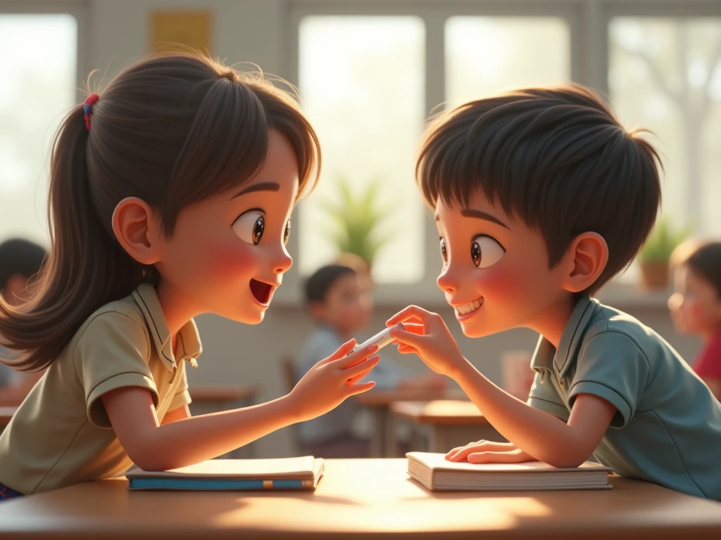 Girl sits next to boy in classroom and other children approach to talk to them