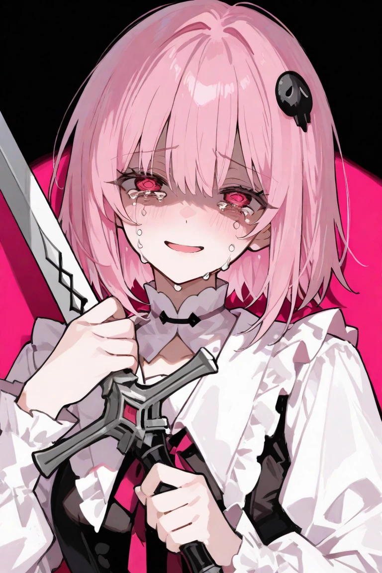 ((cute boy)),1boy,solo,short boy,(solo focus), otoko no ko,pink hair, pink eyes,((very short hair)),((hair over one eyes)),((hair two side up)),hair ribbon,flat chest, black nails, blood, blood from mouth, blood on clothes, blood on face, collar, collarbone, fingerless gloves, hair ornament, hairclip, heart, hood, hoodie, looking at viewer, male focus, nail polish, red nails, masterpiece, best quality