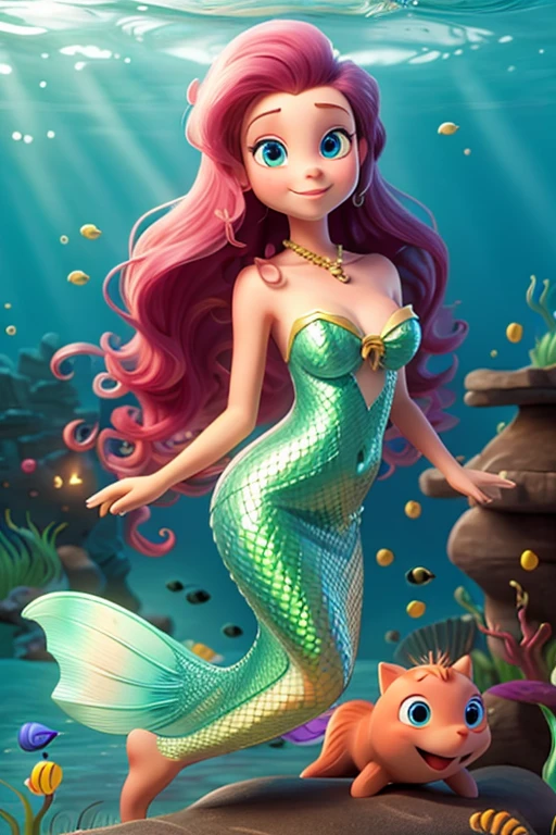 Draw Misty from Pokémon as a mermaid.
Misty has orange hair; Her eyes are green.
White pearls decorate her hair..
Let pink fish shaped like hearts swim around you. .
Let your bra be pink.