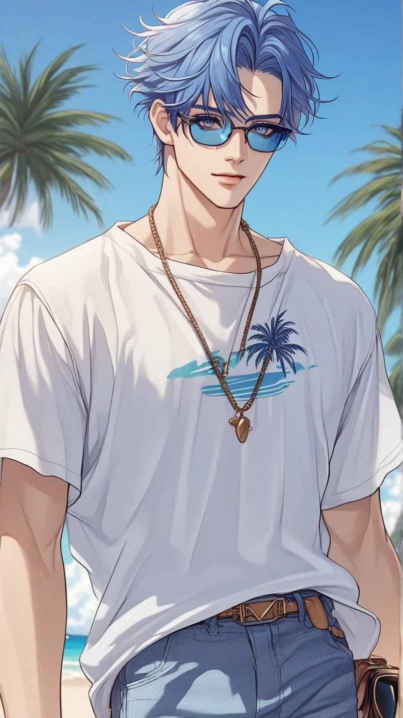 realistic, (Masterpiece, Highest quality, best quality, official art), very detailed, colorful, The most detailed, God, short hair, black hair, handsome man, sea, necklace, beach, breast, abdomen, ((micro string gold)) , no ,erotic , 16K resolution , ultra high definition , Surreal, UHD