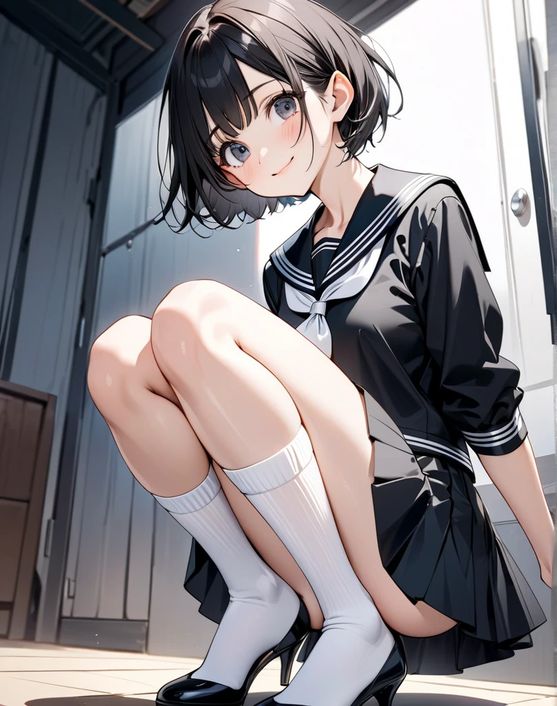 (masterpiece), 4K,Young woman,Long sleeve sailor suit,Small breasts,Small Ass,Curly Twin Tails,Light bulb lighting,Realistic, skinny, Big smile,Frill Bra,((,Short bloomers under a skirt)),Sitting on the stairs,((Knee-length frill skirt)),Angle from below the knee