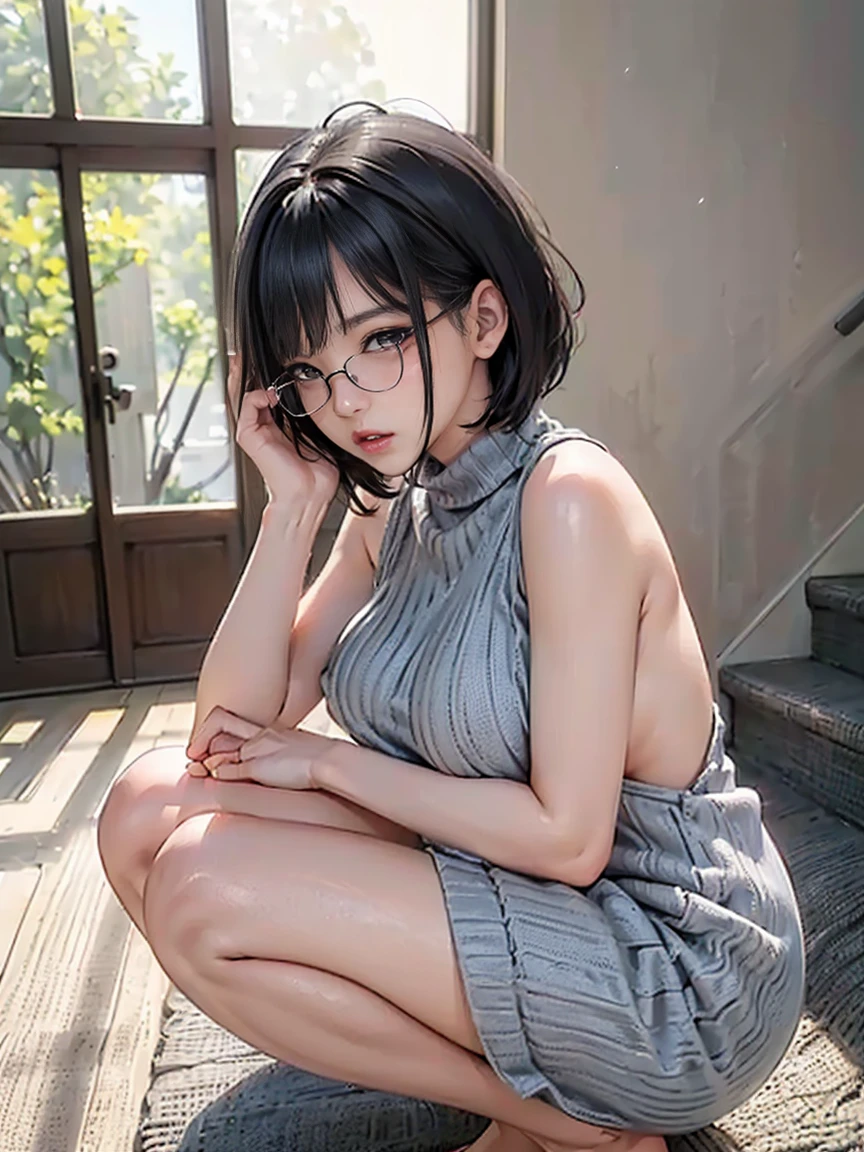 Glasses, Black short hair, Japanese high school girl, Oblique eyebrows, Single eyelid , Sad face, Full body photo, shed tears,Naked、shed tears、Depressed face、Looking into the distance、Place your right and left hands on your head、raise the right leg、lower left leg。Standing statue。 Standing