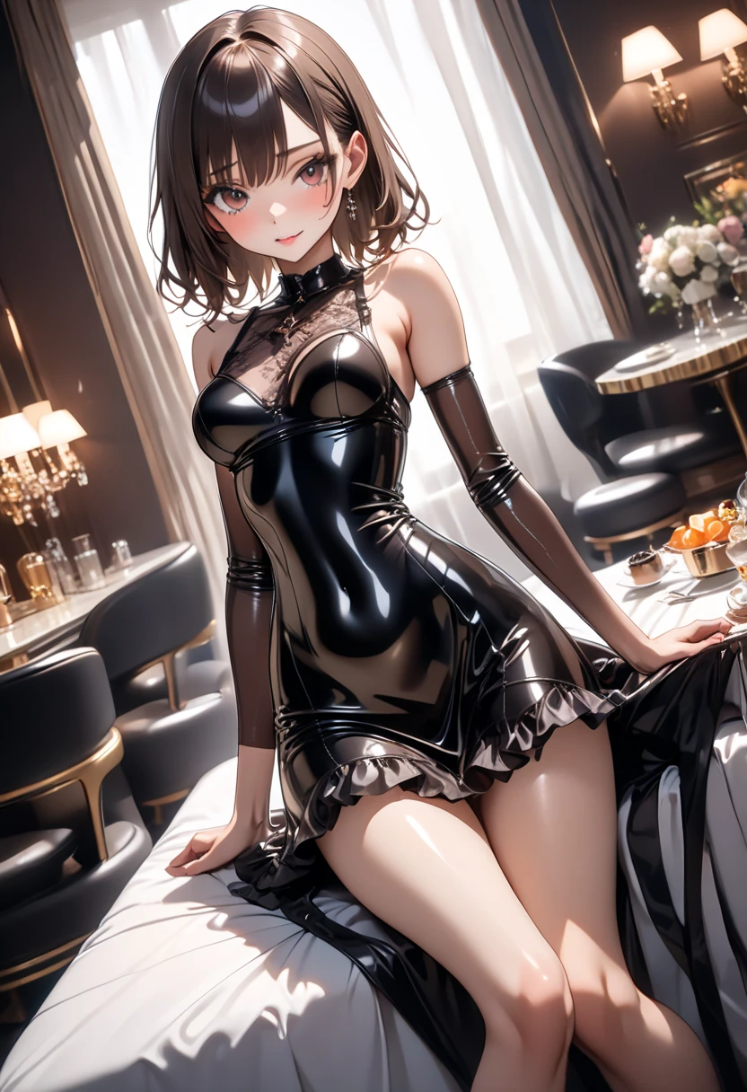 (Hyper-realistic), (a picture), (high resolution), (in 8K), (high detailed), (Best Illustration), (Beautiful detailed eyes), (Beautiful detailed face), (top-quality), (ultra-detailed), (Master masterpiece), (wall-paper), (Detailed face:1.4), drooping eyes, Full-body close-up, short-length hair, (red eyes), (1girl), (Shiny skin), (a detailed eye, thin cheeks, shinny skin, shiny lip, lighting on the face), (standing:1.0), Cameltoe, (smile), (shirts:1.4), (pants), (small head)