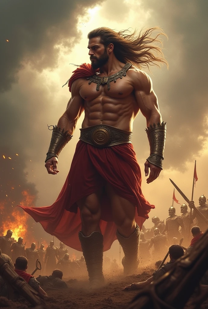 A muscular warrior stands triumphantly in the foreground, wielding a large axe. He has long, flowing hair and a thick beard, adorned with intricate jewelry and a belt. His bare chest and arms display battle scars, highlighting his strength. He wears a bright orange dhoti and blue pants, with red flags waving in the chaotic background filled with armed soldiers engaged in battle. Dark, ominous clouds loom overhead, enhancing the dramatic atmosphere of the scene.