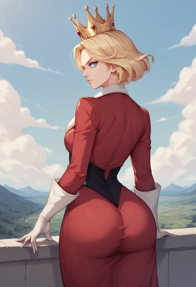 garota guerreira medieval musculosa, sorrindo com cabelo longo ruivo, sentado na grama em frente a uma fogueira, ((seios grandes)), with mountains in the background and a mansion at the top, ((quadril largo)), ((big Butt)), big breasts, muscle girl, roupa colada ao corpo, segurando espada, muscle arms, ((muscle legs)), superdetail,  red  dress, legging pants, white shoes, Sun,