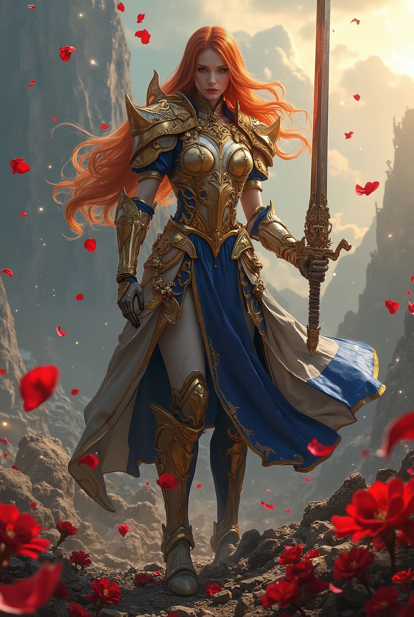 intense and breathtaking scenes of the Malenia Norm , Legendary Female Warrior , Standing in the Middle of Battle . she's standing confidently, her slender body is dressed in exquisitely crafted gold and blue armor , Elegant, Thorn-like Motifs . Her long, fiery red hair violently sweeps , Obscured by an enemy , Strong-willed eyes. seed on her right hand , she has an iconic prosthetic arm , Sword Carved with Runes , Blood dripping from recent battles . with vermilion petals dancing around her to the fullest , floats through the air like ghostly petals , adds unforgettable beauty to the scene . The background is a battlefield devastated by war , Wrapped in blood-red flowers and sparkling ash fog , The remnants of fallen warriors are scattered all around . The air is full of awe and elegance , Malenia's graceful lethality and 、captures the unwavering strength of one of the most formidable enemies of the Land in the Gap. (MAXIMUM ULTRA DEFINITION IMAGE QUALITY AND RENDERING:3), maximum image details , realistic rendering , ((( Ultra Realistic Style ))), Realistic Side Lighting , , 8K high definition, Realistic Soft Lighting , ( Amazing Special Effects :3.5)