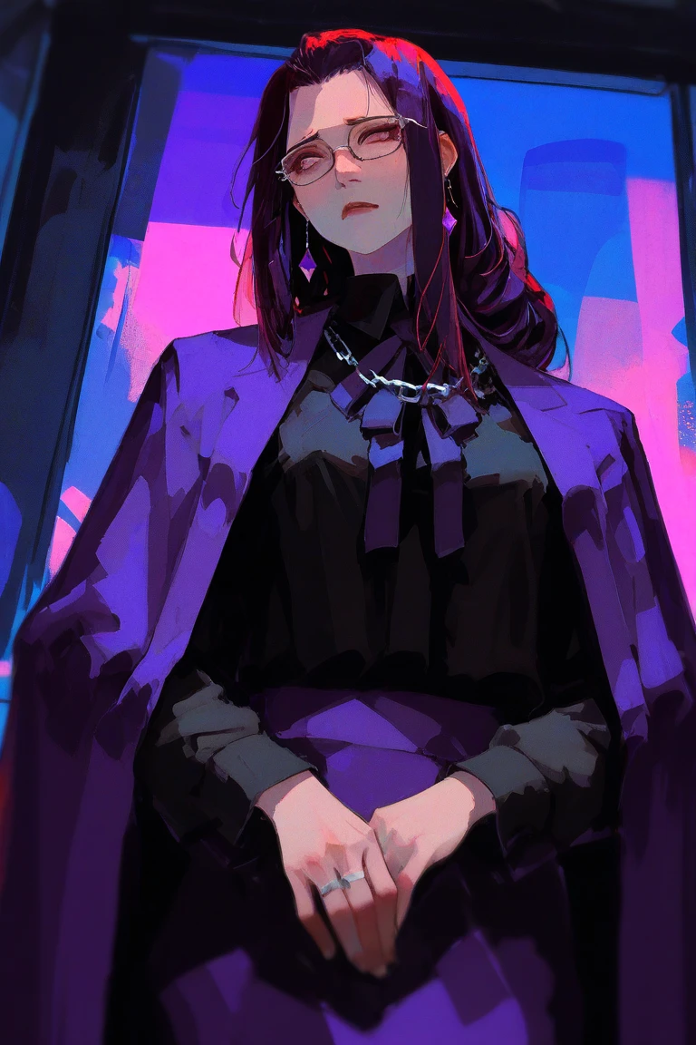 Long hair, 1girl, solo, one braid behind head, purple hair, purple eyes, glowing eyes, circles in eyes, white button-down shirt, shirt tucked into pants, black pants, no blazer, sitting down, small smile, intense, makima, manipulative, large breasts, manipulative expression, chains in background