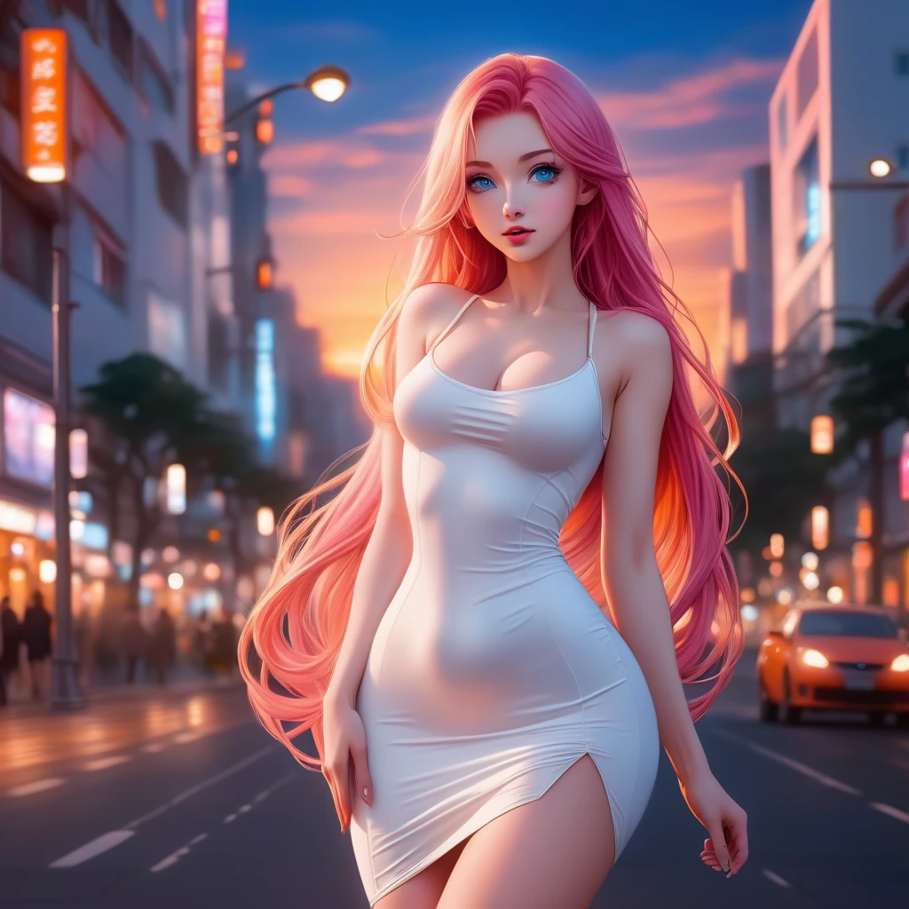 (((Masterpiece, Best Quality, High Resolution))), Cyberpunk slender young girl, White long hair, Full-length in a short dress, is looking at the camera, against the backdrop of the city, white short dress, naked legs, brightness, Masterpiece, Best Quality, 1girl, hiquality, Ultra Detailed, ((lifelike skin)), ((realistic face)),(illustartion:1.05), (Beautiful:1.05), (beautiful detail eyes:1.05), Form-fitting silhouette, Slim, small breasts, white clothing. Faraway view. full-length photo, The wind lifts the dress, Smile,