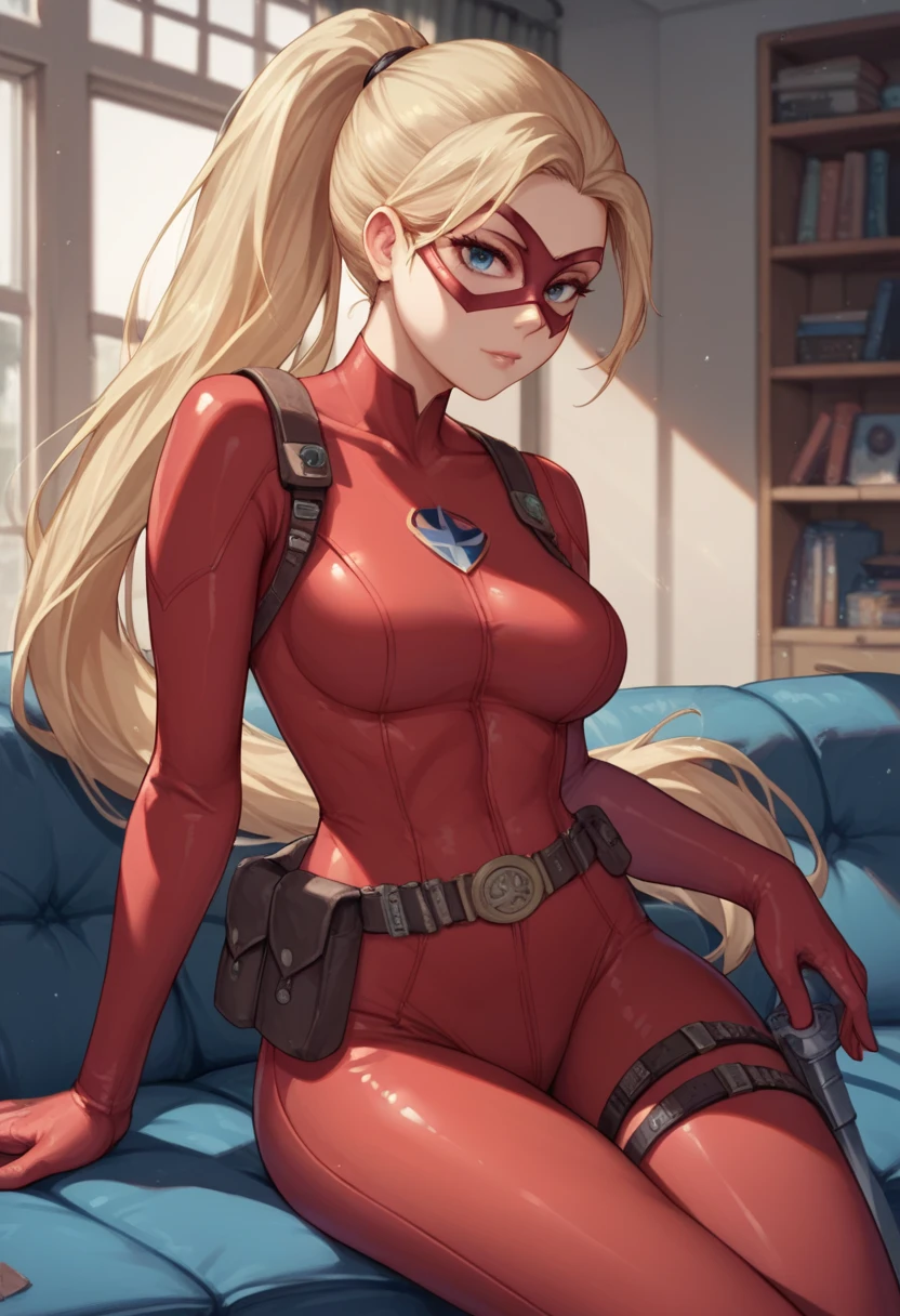 Lancer Artoria body (Alexis Texas Face), elegant adult female, blonde, green eyes (yellow eyelashes) crown, turtleneck, full body sitting on a bench, showing ass to me, RED breastplate, RED skin (1SologirlRED skin:1.2), looking at viewer, shiny, armor, thigh highs, high boots, pauldrons shoulder armor, faulds, poleyn, RED gloves gauntlets, rerebrace, RED military armored boots, yordle muscular lean platinum blonde long twin tails hairstyle at the bedroom lustful smirking smile face red blushed, blush, strong abs, female body builder, tiara, twin drills hair, (masterpiece, best quality, ultra detailed, best shadow)