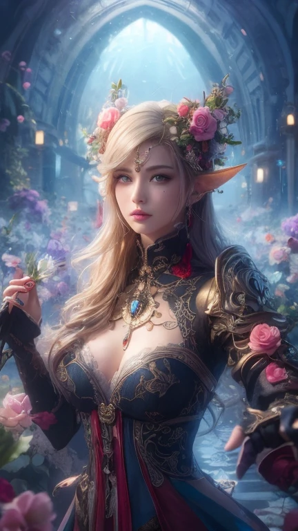 Woman with platinum hair, a beautiful crown on her head, detailed face, detailed skin, a pink forest in the foreground, pink landscape, cotton candy trees, pink forest, cherry blossom forest, japonisme, 8k, super detail, masterpiece, anatomically correct, textured skin, high details, high quality, award winning,