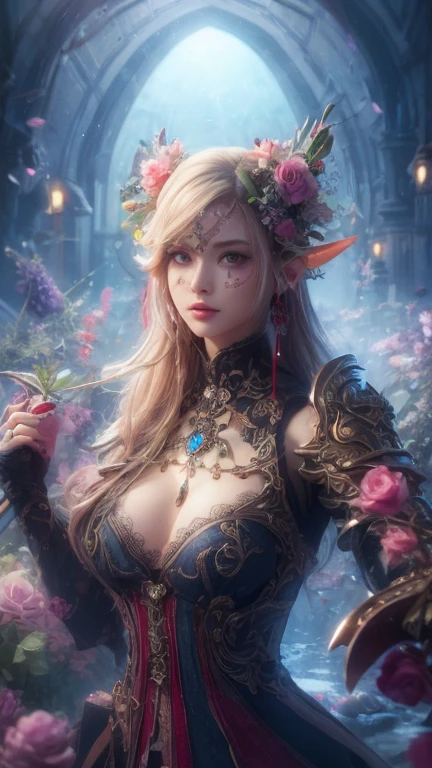 (masterpiece, top quality, best quality, official art, beautiful and aesthetic:1.2), (1 Elf girl), extremely detailed, ornate jewellery, long shapeless hair, (fractal art:1.3),colorful, cinematic lighting.