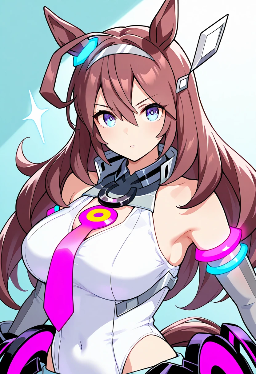 best quality, masterpiece, solo, 1girl,  <lora:Layer_MegaMan_X_V-05:1>, layer_megamanx, long hair, purple hair, green eyes, blunt bangs, hair over eyes, large breasts, (dark skin, dark-skinned female:1.2), android,, <lora:senran_kagura-10:1>,