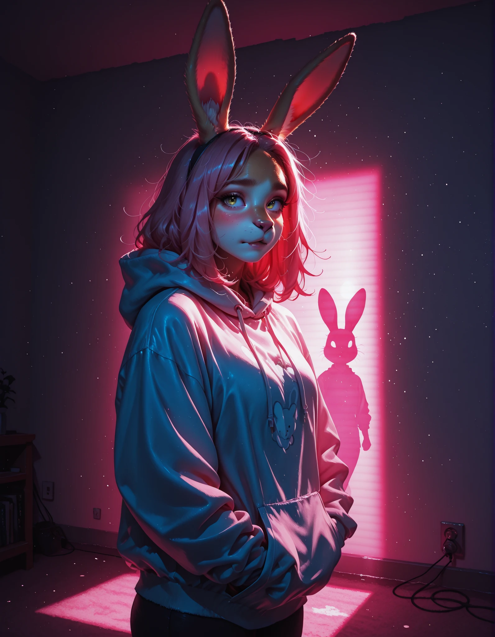 gobo lighting, shadows, Digital Art, night, glare, PINK AND YELLOW LIGHTING, 1girl, furry, bunny, hoodie, dynamic pose, digital painting, no background, harsh lighting, dynamic lighting, embarrassed, watercolor, thick sketchy line work,Sillycat,