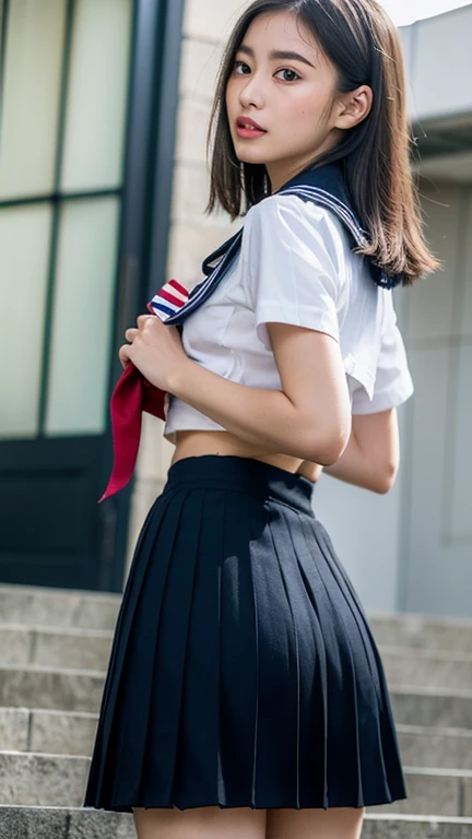(masterpiece, Highest quality:1.2), 8K, Young and beautiful girl, 85mm,Official AR RAW Photos, (Baby Face), ((Small face)), ((Big Breasts)), ((Backwards)), ((Show me your ass)), ((Show me your boobs)), Detailed nipples, Show me your ears、photo shoot, Cute face, Thighs, Classroom after school, Looking at the audience, Embarrassing、smile、 makeup, Film Grain, chromatic aberration, Sharp focus, Face Light, Bright lighting, 10 generations, Detailed face, Background blur、((((((14 year old high school girl))))))、Narrow waist、Sailor suit、Dark blue mini skirt、White tiny panties