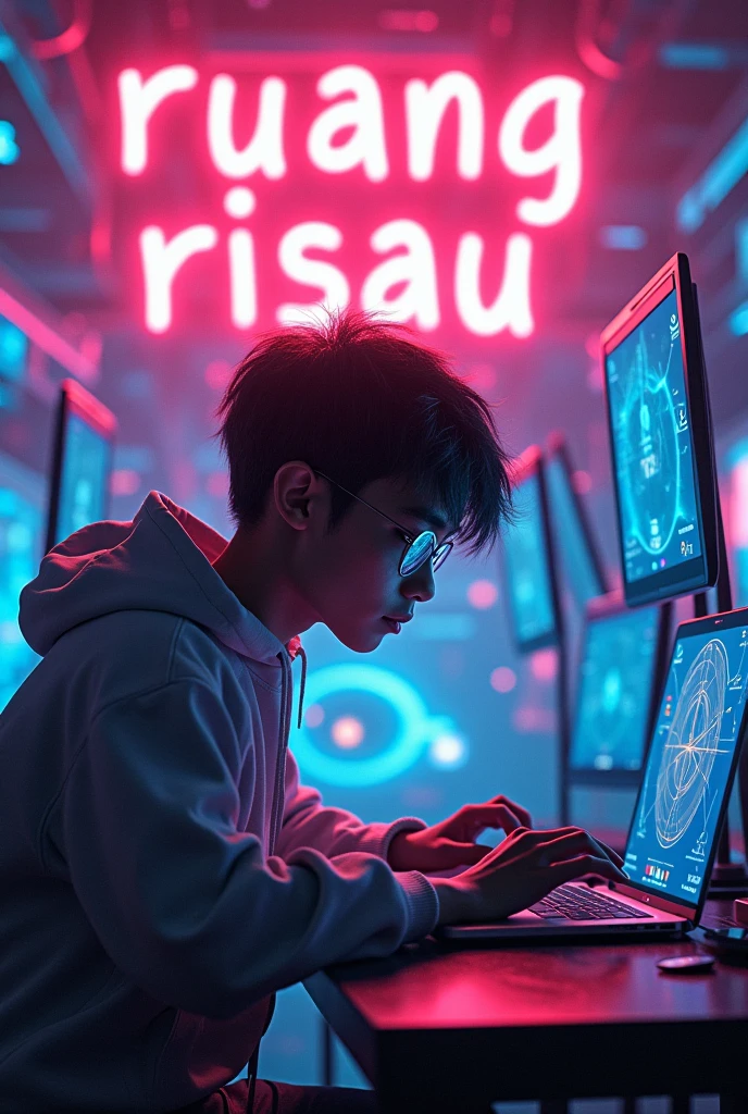 create a 3d illusion picture where is 2 boy sit in computer lab wearing white shirt and optical glasses and the name on laptop present on the table is 'Haroon' in black and red color in sciency fonts