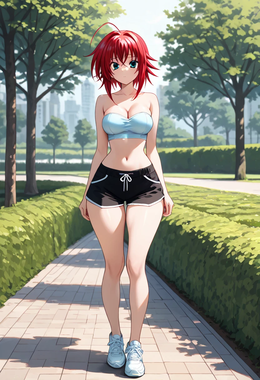 ((High Quality image 10k)) (( perfect autonomy)) Masterpiece, solo girl, brown eyes, red hair, wearing sleeveless black shirt, naked Bottom, pussy focus, sexy legs, evil smug grin, barefoot, Standing, in the park 