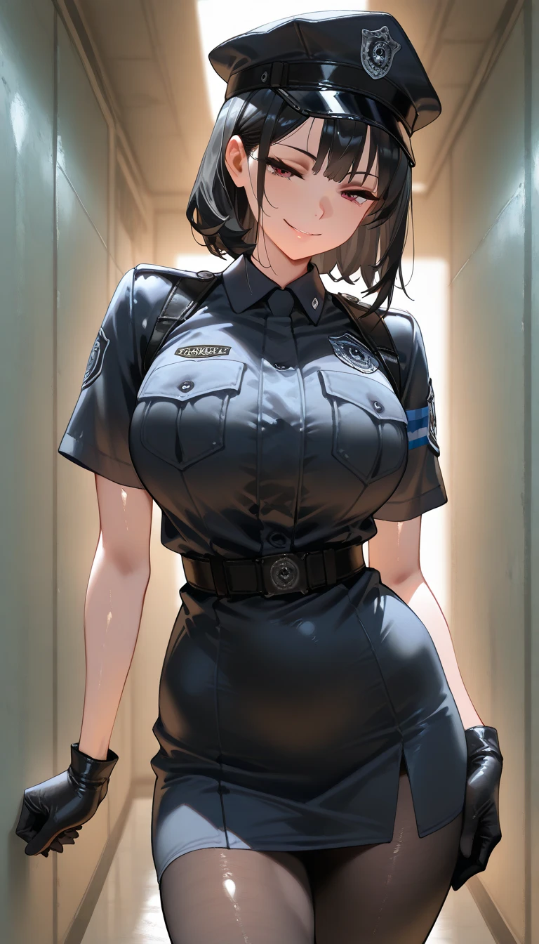 4k, maxres, ultra detailed, dark-skinned schoolgirl, schoolgirl uniform, tight shirt, cleavage, big breasts, big ass, tomboy, sweating, in a school hallway, bob cut, black gloves, white sneakers, full body, from front, beautifully drawn eyes, perfect face, perfect body,  muscular,  beautiful girl, choker, sexy pose, peace sign, black hair