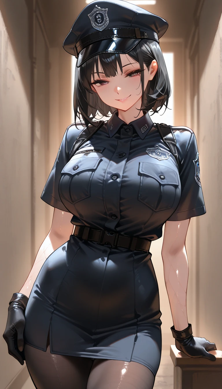 ,1 girl,Navy Blue American Police,navy blue mini skirt,Navy Blue Police Hat,serious face,brown hair,bob hair,New York City,Big Breasts,blush,,On Patrol,walk,diagonal,thin,director&#39;office,door,Hands Behind Back
