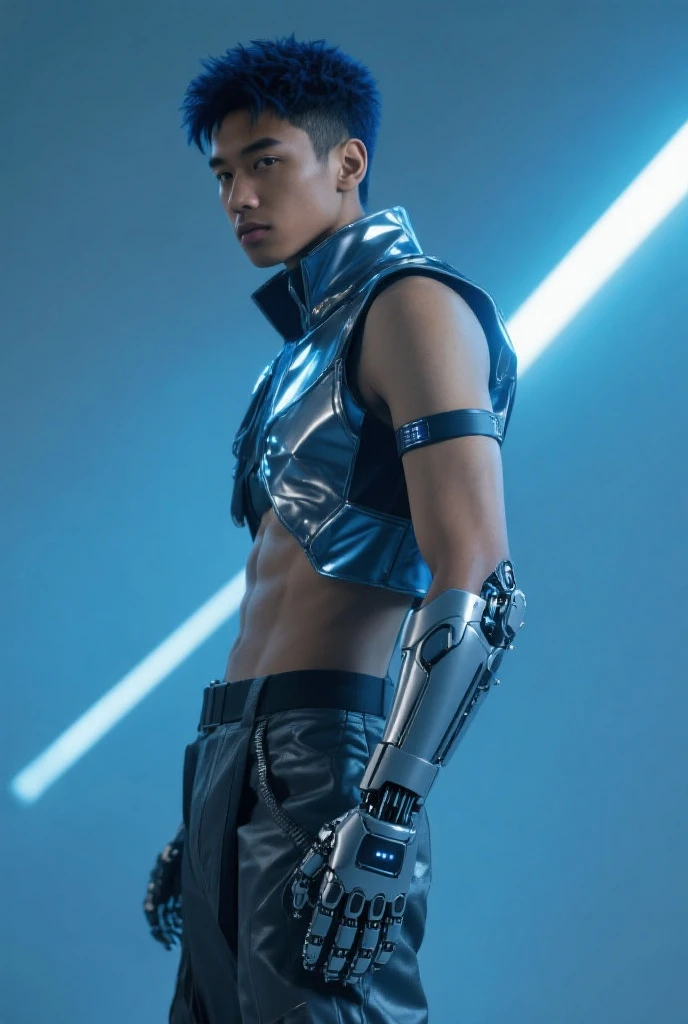 A blue skin alien, intricate facial features, large expressive eyes, long slender limbs, futuristic cyborg body, complex robotic anatomy, glowing bioluminescent markings, advanced alien technology, cinematic lighting, dramatic shadows, moody color palette, sci-fi atmosphere, concept art style, hyper-detailed, 8k, photorealistic, masterpiece