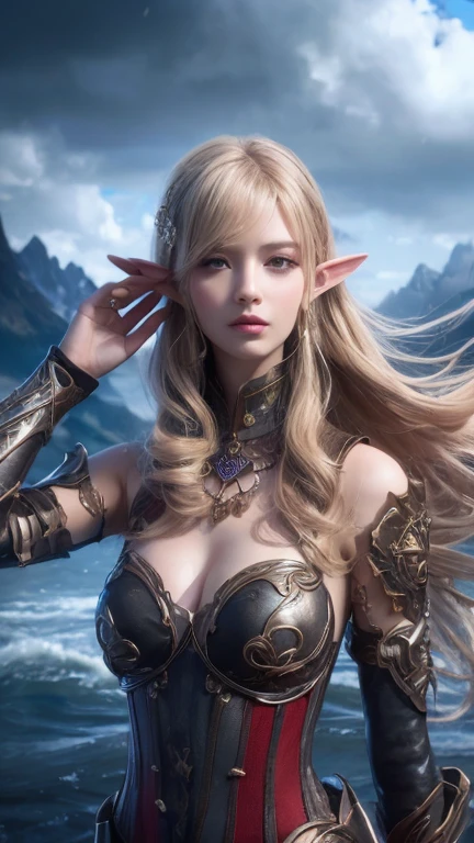 female elf,Large breasts,Armour,diadems,sceptre,Complex patterns,In the background is a huge castle,snow cover,Mid-range portrait