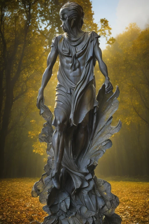 Full body shot of a black boy sculpture holding a banquet of roses, in a forest with leaves falling from the sky, sunlight piercing through the forest providing a contrast of leaves shadows around the sculpture. 32k ultra HD, unreal engine rendered, hyper-realistic image,